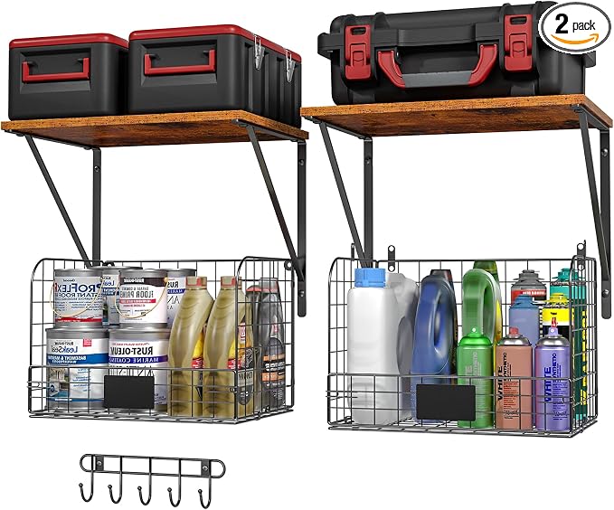 ThreeHio 2 Pack Garage Shelves Wall Mounted with Wire Storage baskets, Heavy Duty Garage Wall Shelving with Hooks, Wooden floating shelves Tool Organizer for Home Garden Garage Organizers and Storage
