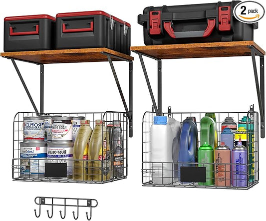 ThreeHio 2 Pack Garage Shelves Wall Mounted with Wire Storage baskets, Heavy Duty Garage Wall Shelving with Hooks, Wooden floating shelves Tool Organizer for Home Garden Garage Organizers and Storage