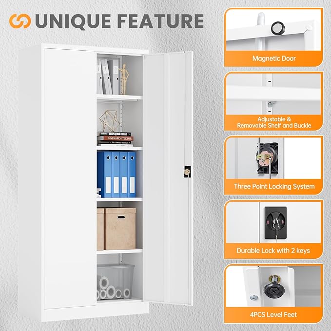 Metal Garage Storage Cabinets with Lock, 71" Tall Tool Cabinet with 2 Door and 4 Adjustable Shelves, Locking Garage Cabinets and Lockable Steel Locker for Home Office Warehouse - (White-71”H)