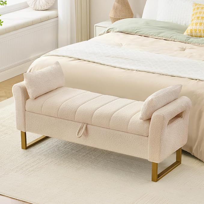 52" Storage Bench for Bedroom Upholstered End of Bed Bench Queen Size Beige | Bedroom Benches for Foot of Bed Queen with Gold Legs,2 Pillows,Teddy Storage Ottoman Bench for Bedroom,Entryway,Cloakroom