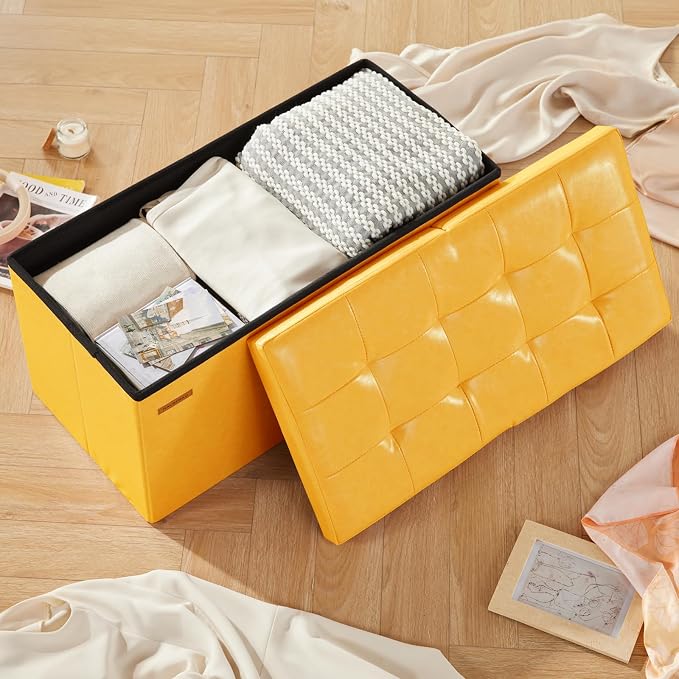 HAUSFRAU Ottoman with Storage Bench Folding Foot Rest Stool Yellow | 30", Flip Lid, Faux Leather, Upholstered Foldable Footrest Footstool, Bedroom Bench, Living Room Dorm Ottoman, Rectangle
