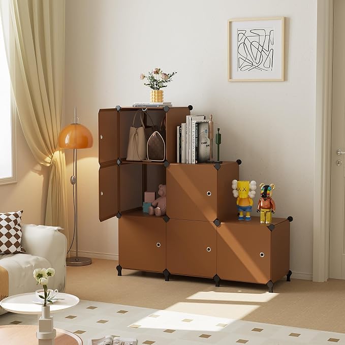 6Cube Storage Organizer Modular Stackable with Doors Brown | Sturdy plastic 6-cube cabinet with doors, 30x30x30cm per cube, tool-free snap assembly, ideal for bedroom, stairs, closet.