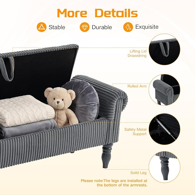 60" Storage Bench for Bedroom,End of Bed Bench with Storage | Corduroy King Size Bench with Rolled Arms,Storage Ottoman Benches for Living Room,Entryway,Benches for Foot of Bed,Dark Grey