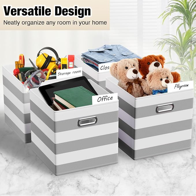 CroBlissful 11 Inch 6 Pack Fabric Storage Cubes with Metal Handles, Back to School Collapsible Organizer Bins for Classroom, Closet, Student Room, Toys and School Supplies (Grey and White)