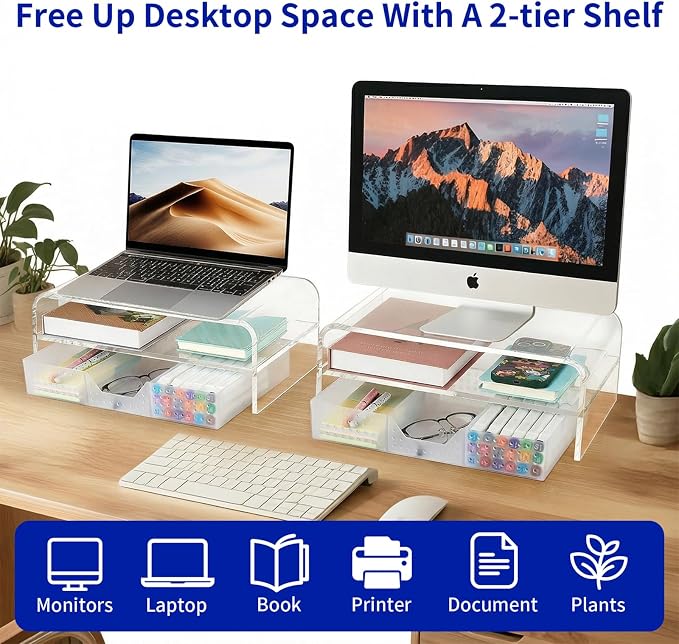 OPNICE Desk Organizer and Accessories, 2-Tier Computer Monitor Stand Riser with Drawer and 2 Pen Holders, Laptop Stand, Office Desk Accessories for Office Supplies, 1 Pack, Transparent