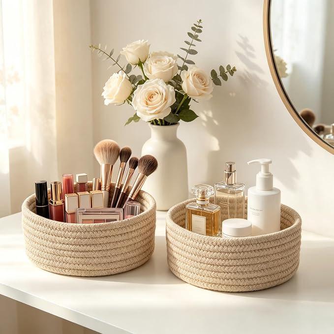 Dahey 4 Pcs Small Woven Storage Baskets for Gifts, 8.66"W x 3.15"H, Beige | Soft Odor-Free Cotton Rope, Open-Top, Tiny Round Basket, Multi-Use Organizing, Holds Cosmetics Keys for Bathroom Home Shelves