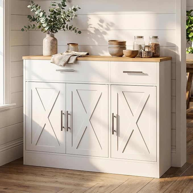 Kitchen Buffet Sideboard Cabinet with Storage, Farmhouse Kitchen Cabinet with 3 Doors and 2 Drawers, Coffee Bar Cabinet with Storage for Living Room, White