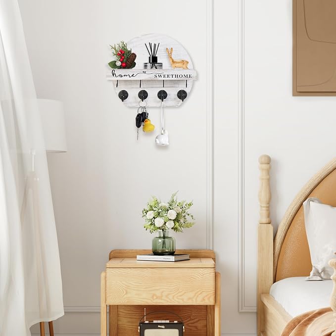 Key Holder for Wall, Key and Mail Holder Organizer - Key Holder Wall Mount with Bouquet Shelf and Key Hooks, Round Wooden Rustic Key Rack for Entryway and Home Decor (Pale White)