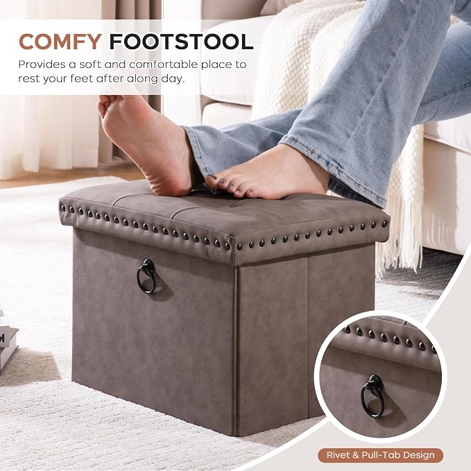 oakvivo 16x12x12 Inches Folding Cube Storage Ottoman, Small Leather Foot Rest Stool with Button Tufted Rivet Design, Footstool Bench, Ottoman with Storage for Living Room, Coffee Table, Oak Brown