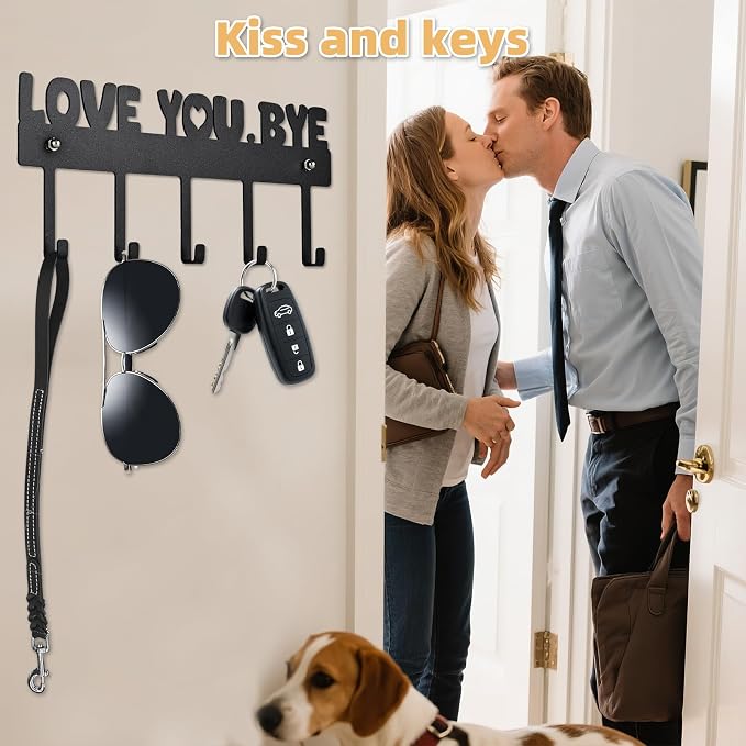 Key Holder Wall Mount, No Drill Adhesive, Black, 5 Hooks | 'Love You.Bye' Entryway Organizer, Metal, 10x4 Inch, Screws Installation