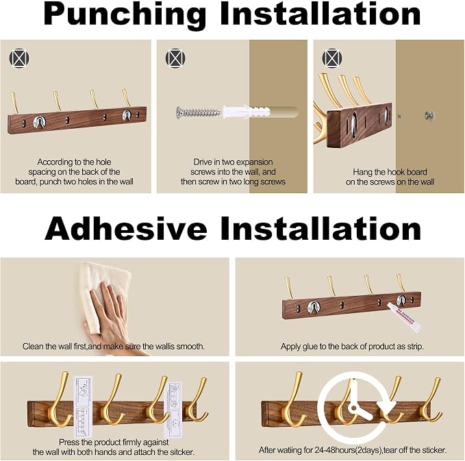 2 Pack 17.3" Small Walnut Wood Coat Rack Wall Mount with 4 Hooks, Heavy Duty Wooden Jacket Hanger Door Mounted for Decorative Entryway Bathroom Hanging Towel Backpack Purse Hat Key Satin Gold