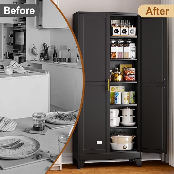 75" Black Metal Storage Cabinet with 2 Doors and 5 Adjustable Shelves,Steel Garage Tool Cabinet, File Cabinet,Kitchen Pantry Cabinet for Home,Office,Garage,School,Warehouse
