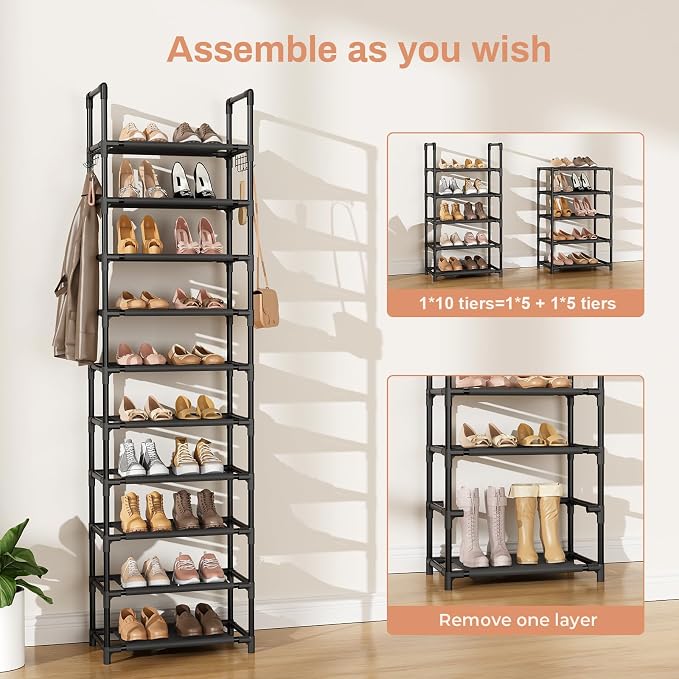 LANTEFUL 10 Tiers Shoe Rack 25 Pairs Large Capacity Tall Shoe Organizer Sturdy Shoe Storage with Two Hooks Space Saving Metal Narrow Shoe Rack for Closet, Entryway, Bedroom, Black