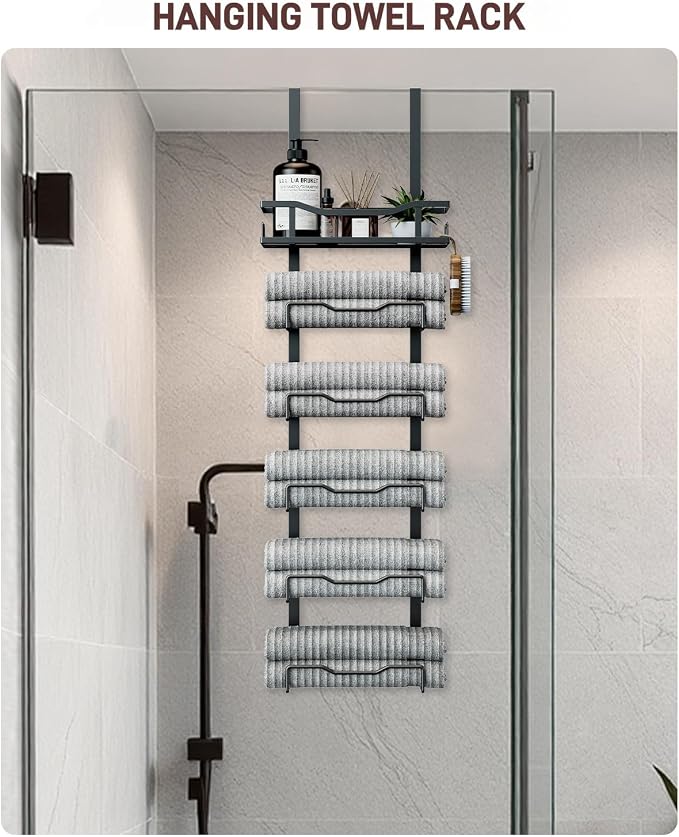 Aetyord Hanging Towel Racks for Bathroom No Drill - 6-Tier Over The Door Bath Towel Storage Organizer for Small Bathrooms - Tiered Back of Door Towel Holder Hanger for Rolled Towels RV Camper Black | 6-Tier Over The Door Bath Towel Storage Organizer wi...