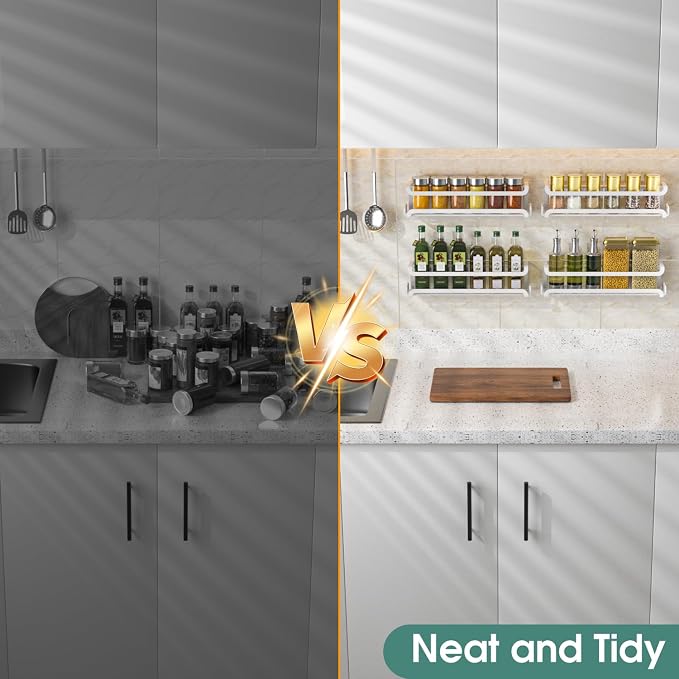 LUCYCAZ 4 Pack Wall Mounted Spice Rack for Kitchen Cabinet,RV,Camper,White | 16 Metal Hooks, Space-Saving,Screw or Adhesive Spice Shelf Hanging,for Pantry Door Spice Jars & Seasonings,11.41×2.75×2.36in