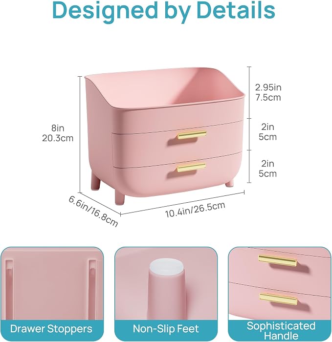 Vtopmart 3-Tier Skincare Makeup Organizer, Pink | With Drawers, For Vanity and Bathroom Countertop, Large Cosmetic Storage Box Case for Dresser, With Non-Slip Base