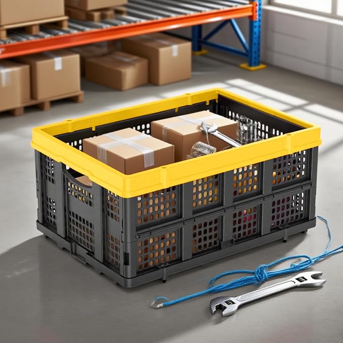 TOLRET 49L Collapsible Crate, Milk Crate for Storage, Foldable Storage Crate, Stackable Crate for Organizing for Home, Shopping, Camping, School, Office, Warehouse, Yellow
