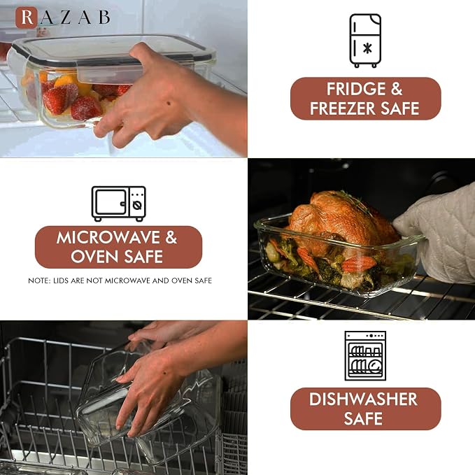 Razab 4 PC 1860ml / 63 Oz / 8 Cups Large Glass Food Storage Containers with Lids - Glass Meal Prep Containers for Roasting & Storing Leftover, Lunch Container with Lids, Microwave & Oven Safe