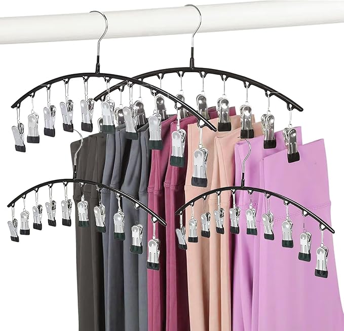 Legging Hangers for Closet Organizer, Hat Hangers for Closet 4 Pack with 10 Clips Holds 40 Leggings, Legging Hanger, Pants Storage Organizer Suitable for Socks, Panties, Underwear, Pants (4-Black)