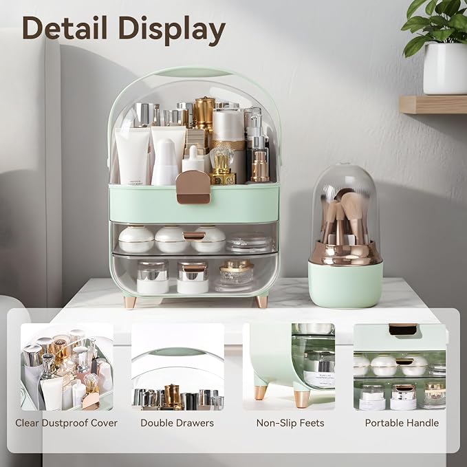Makeup Organizer for Vanity with Brush Holder, Lid and 2 Drawers, Green | Large Capacity Bathroom Counter Organizer for Skincare, Cosmetic Storage, Dustproof, Waterproof, Teen Girl Gifts