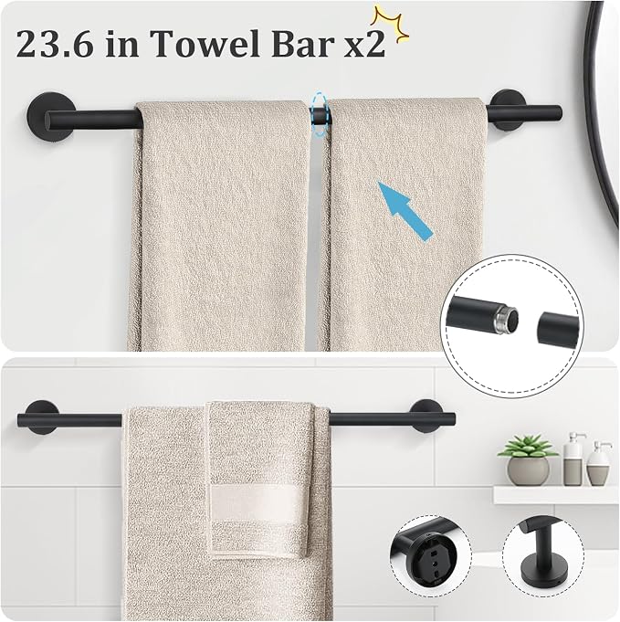 TURS Matte Black 10 Pieces Bathroom Hardware Set, SUS304 Stainless Steel 24 Inch Bath Towel Bar Set, Round Bathroom Accessories Kit Wall Mounted