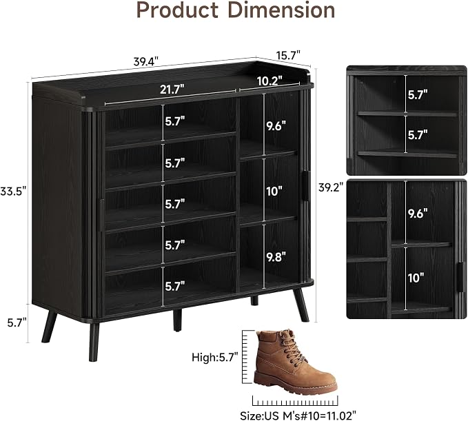 Shoe Cabinet with Sliding Door, 5-Tier Hidden Shoe Rack with Adjustable Shelves, Wooden Shoe Storage Organizer with Open Bottom Space, Freestanding Shoe Shelf for Entryway Hallway Apartment, (Black)