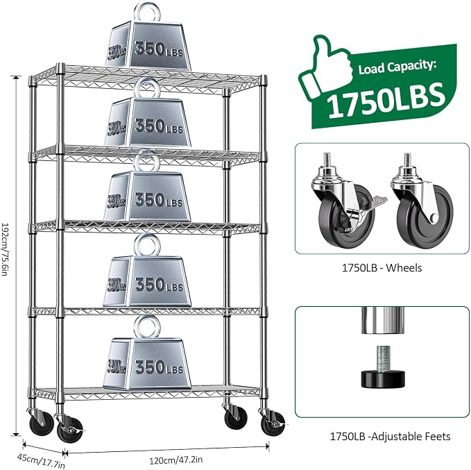 IZEUK 5-Tier Storage Shelving Unit with Wheels, Adjustable Heavy Duty Steel Wire Rack Organizer (Chrome, 17.7" D x 47.2" W x 76.7" H, 1750 lbs Capacity) for Garage, Kitchen, Pantry, Laundry, Basement