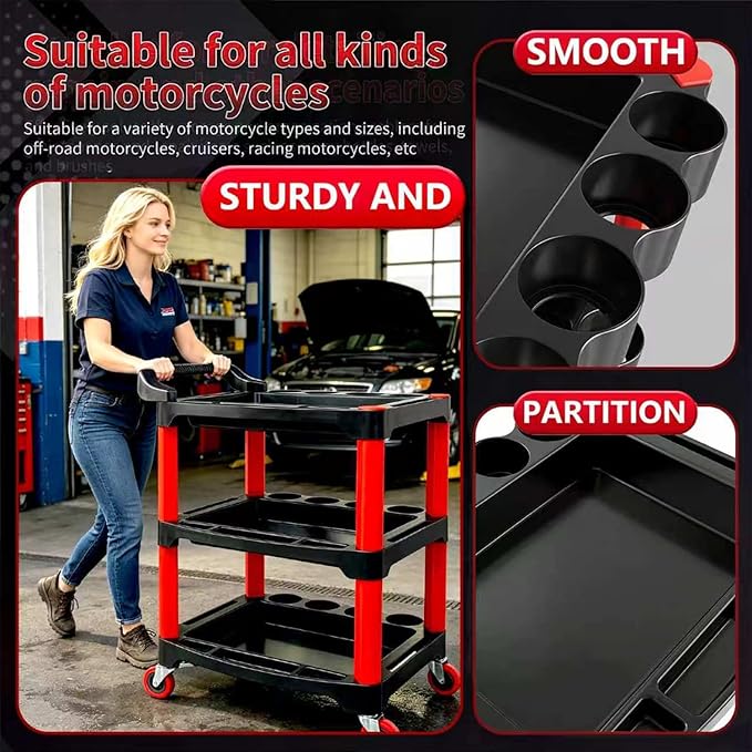 Auto Detailing Cart with Wheels, 3 Tier Rolling Detail Cart | Car Wash Organizer for Detailers Garage, Workshop, Repair Shop, Storage Tool