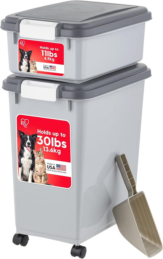 IRIS USA Dog Food Storage Container, Up to 30+11 lbs, Gray/Dark Gray | Made in the USA, Includes 2-Cup Scoop & Wheels, Airtight Seal, BPA-Free, Bird Seed, Cat food, Cat Litter, Treats, Toys