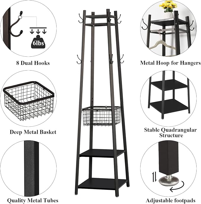 VECELO Coat Rack Freestanding,Hall Tree with Metal Basket and Storage Shelves,Industrial Coat Rack Stand with 8 Hooks for Hanging Coats/Hats/Bags/Umbrellas,18 x 18 x 72 In,Matte Black