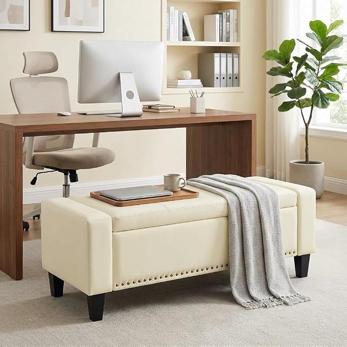AKMAKM 49''W Storage Ottoman Bench, 30 Gallons End of Bed Bench, Faux Leather, Mid Century Modern, Upholstered Bench with Storage and Seat for Entryway, Living Room, Holds up to 350 lb, White
