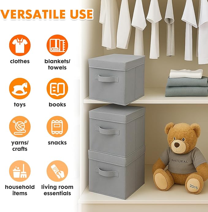 ShellKingdom Storage Bins, Foldable Fabric Storage Cube with Lid for Closet | Clothes Storage Organizer Drawer For Closet Toys Storage, 13 X 13 X 13 INCH, 2 Pack (Grey)