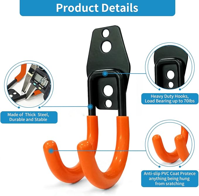 GeeWatom 2 Pack Garage Storage Utility Hooks，Garage Garden Tool Organizer，Steel Wall Mount Hooks, Garden Small U Hooks (Type O-Orange)