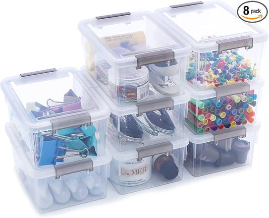 8Packs 1.3Qt Small Storage Bins with Lids,Stackable Clear | Containers with Lids for Crafts, Beads, Stationery, Toys and Accessories. Stackable to Save Space to office,home