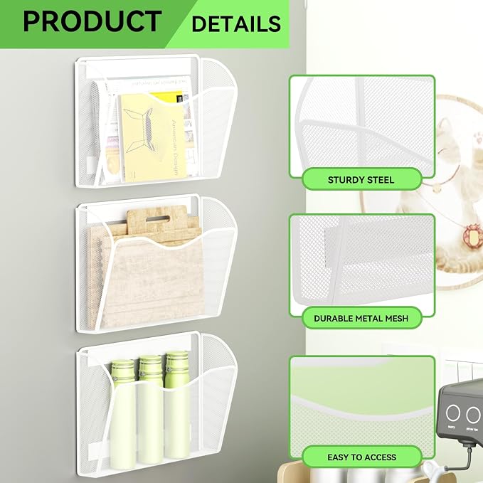 Magnetic File Holder - Heavy Duty Wall File Organizer for Refrigerator & Whiteboard - Strong Magnet Mail Holder & Magazine Rack, No Drilling Document Storage Basket for Office Cabinet
