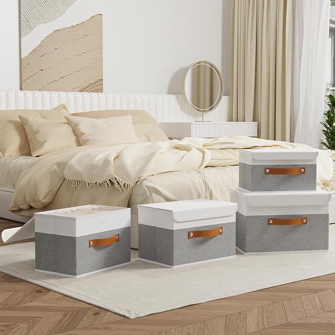 OUTBROS Storage Box with Lids, 17.7x11.8x11.8 inch (White/Grey, 3-Pack) | Foldable Linen Wardrobe Containers, Organiser For Towels, Clothes