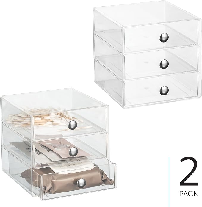 iDesign Stackable 3-Drawer Makeup Organizer, Set of 2, Clear | Bathroom Storage, Vanity Storage