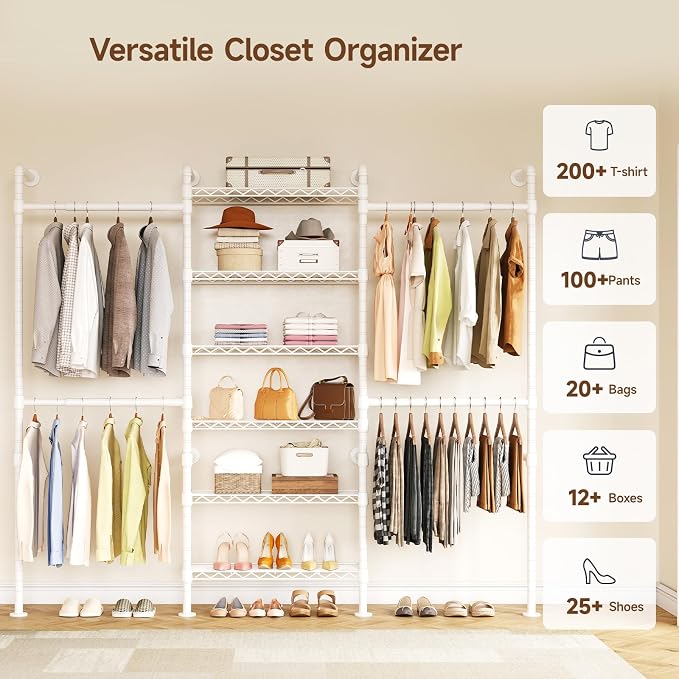 ONBRILL H3 Expandable Wall Mounted Closet System, 5.4FT-8.1FT Closet Organizer with 4 Telescopic Rods & 6 Wire Shelves, Industrial Pipe Clothing Rack for Walk-in & Reach-in Closet (White)