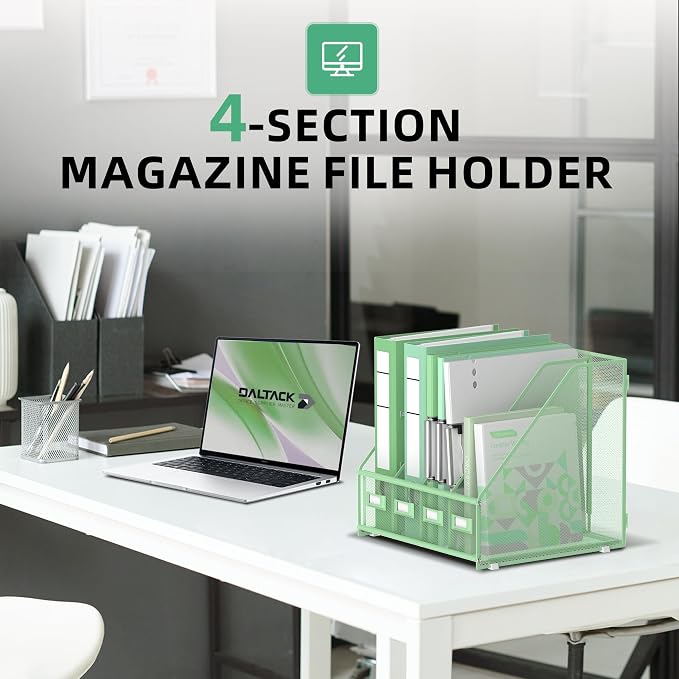 DALTACK 4-Slot Magazine File Holder, Metal Binder Holder, Mint Green | Iron Mesh Construction, Labeled Sections for Easy Sorting, Anti-Slip Feet, Binder and Folder Storage for Office, Classroom