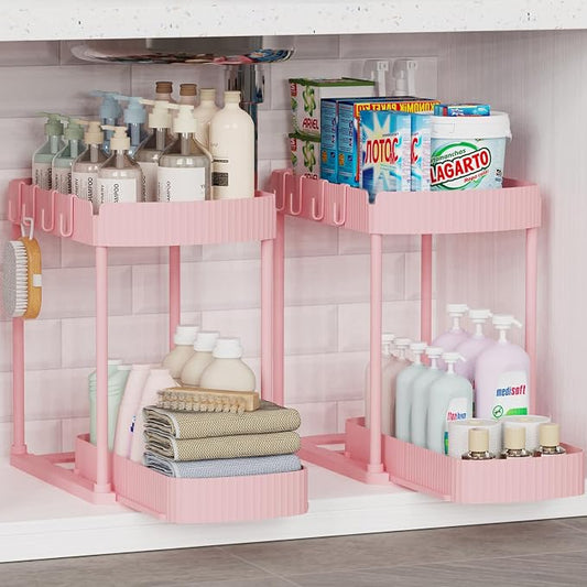 Ukeetap 2 Pack Multi-Purpose Pull-Out Storage Organizers, Under Sink Organizers and Storage for Bathroom & Kitchen, Under Cabinet Organizers and storage, 14.8 Inch, Pink