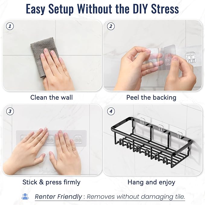 8 Pack Adhesive Rustproof Shower Caddy with Soap Dishes, Toothbrush Holder & Hooks, Large Capacity No-Drilling Shower Shelves Rack for Bathroom Organizers and Storage Accessories, Black