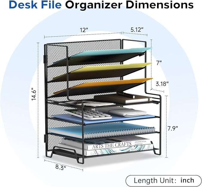 7 Tier Desk File Organizer with Letter Trays and File Holders Black | 7 Tier Metal Mesh Paper Organizer for Desk with Letter Trays and File Holders for Papers, Folders and Office Supplies
