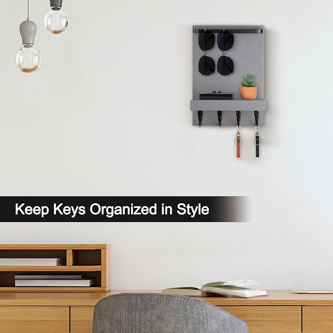 Key Holder Wall Mount, Key Holder for Wall with 4 Hooks, Farmhouse Key Hanger Holds Dog Leash, Sunglasses – Decorative Mail Organizer Home Decor