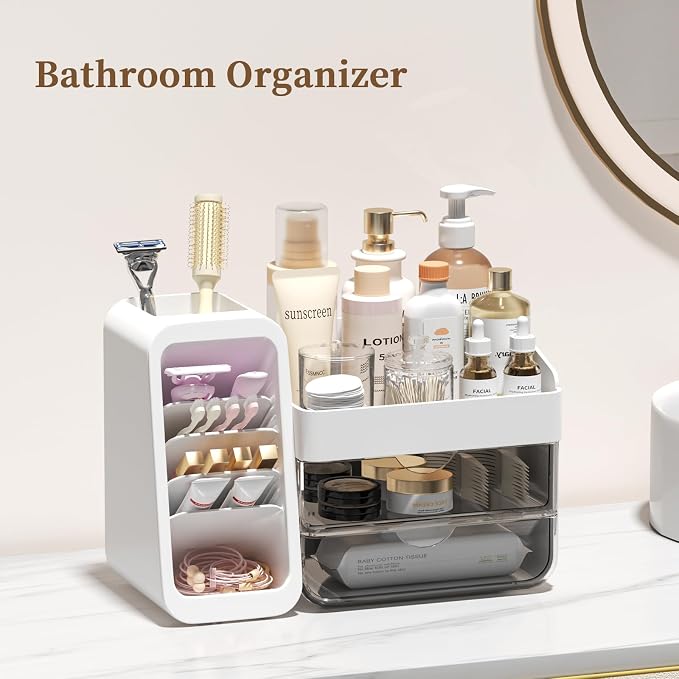 Makeup Organizer Countertop with DIY Adjustable Brush Holder for Vanity | Thickened Material, Large Bathroom Organizer Skincare Storage for Perfume, Lipstick, Nail Polish, Eyeshadow Palettes, White