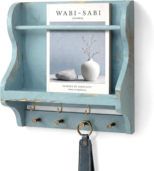 Pine Wood Mail Organizer Wall Mount: Magazine Holder for Room Decor, Blue | Anti-drop wood strip, Letter Holder Slot for Newspaper, 7 Key Hooks, Rustic Entryway Organizer, Ideal Home Organization