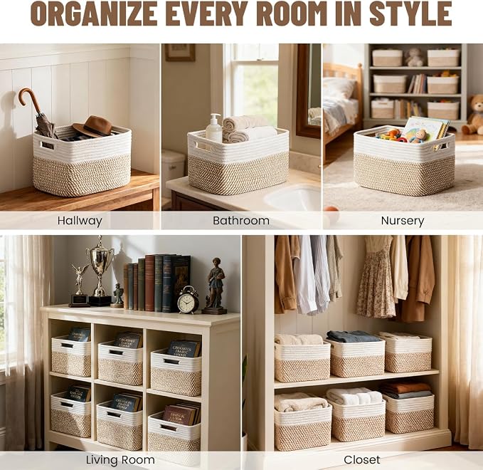 5 Pack Woven Storage Baskets for Shelves, Decorative Basket Organizer Storage Bins for Toys, Books, Clothes, Closet, Nursery, Bathroom – Cotton Rope Shelf Baskets for Organizing, Khaki & White