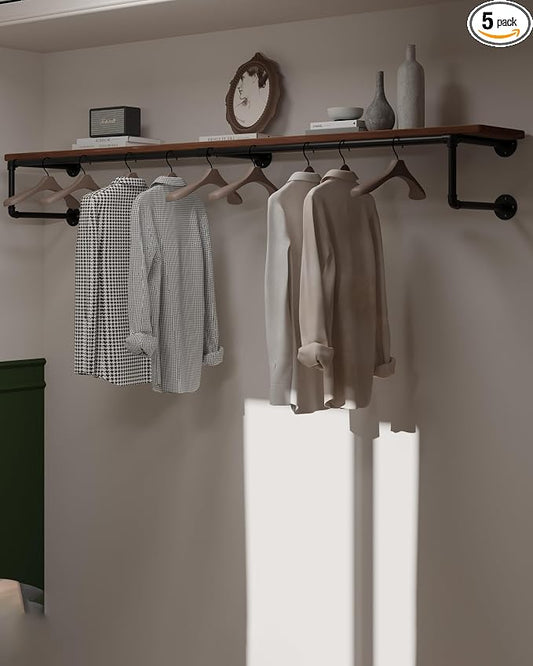 Clothes Rack 70in, Wall Mounted Garment Racks with Real Brown Wood Shelf, Heavy Duty Hanging Clothes Rack, Multi-Purpose Hanging Rod, Space-Saving Closet Storage
