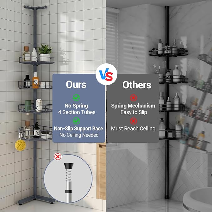 Standing Shower Caddy Corner, 4-Tier Adjustable Height Bathroom Organizer, 6-Section Pole, Sturdy Floor Standing Shelf for Shower or Bathtub – No Drilling, No Spring Tension (Gray)