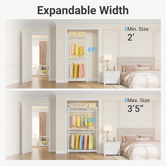 VIPEK X1 Expandable Clothes Rack Heavy Duty Adjustable Closet System White | Adjustable Shelves and Hanger Rods from 2' to 3'5", Reach-in & Walk-in Closets Metal Garment Racks Portable Closet Organizer