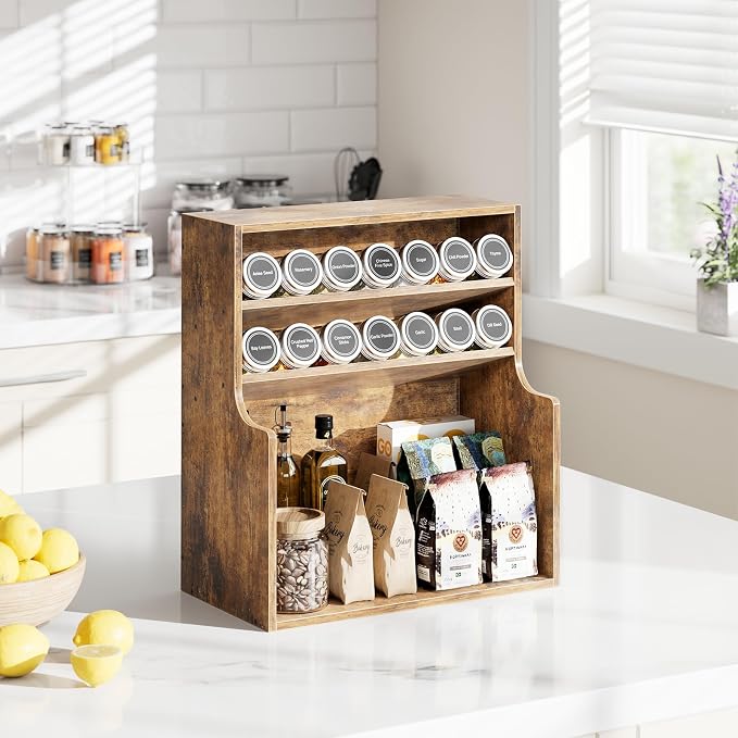 Simple Trending Spice Rack Organizer, 3 Tire Wood Kitchen Counter Spice Rack, Large Counter Seasoning Organizer Storage Shelf for Pantry, Kitchen, 7” W × 14.3” H, Brown